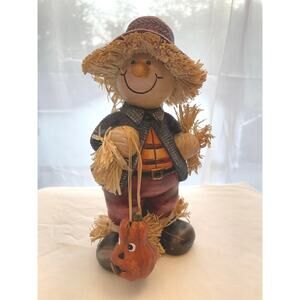 9” Cute Scarecrow Ceramic with Real Straw 1990’s Vintage Fall Harvest Pumpkin